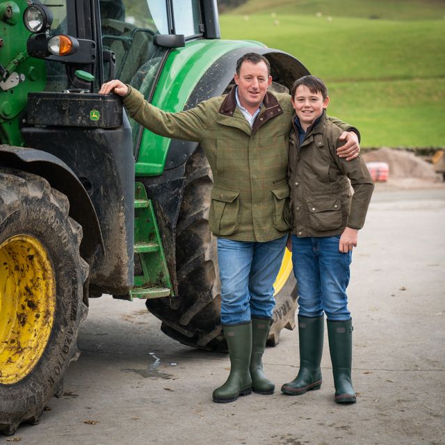 Farmer and son in wellies